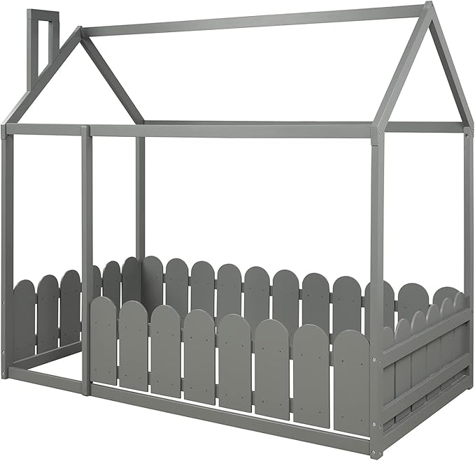 Bellemave Twin Size Kids Floor Bed Frame with Fences, Wooden House Bed with Roof Can be Decorated for Kids Girls Boys (Grey)