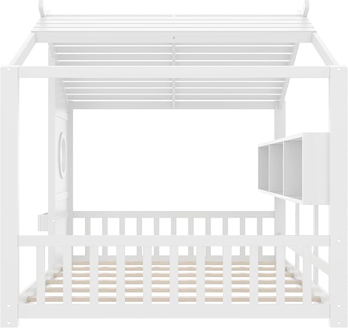 Full Size House Bed with Storage Shelves for Kids,Kids Montessori Floor Bed, Cute Wood House Bed Frame Full with Roof for Girls,Boys,Can be Decorated,White