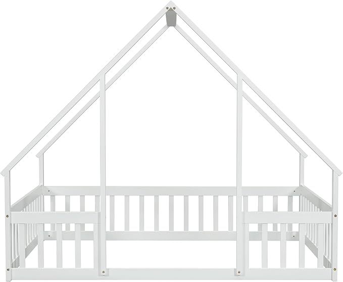 Bellemave Full Floor Bed for Kids, Girls, Boys, Wood House Bed Frame, House Floor Bed for Kids, Full Size Montessori Floor Bed with Fence, Playhouse, White