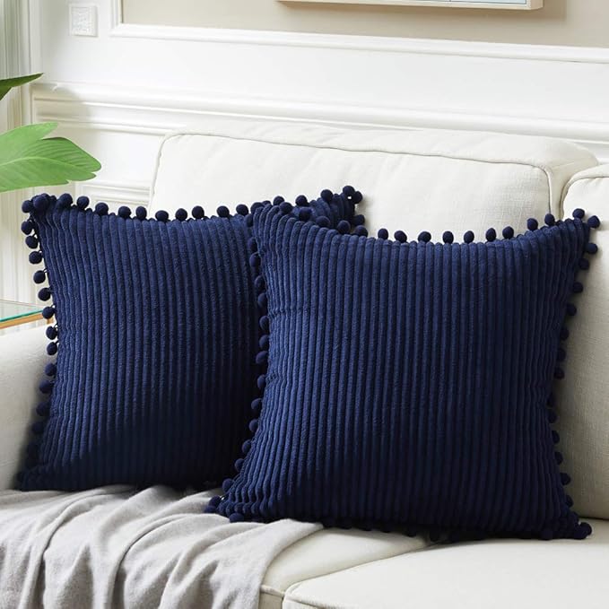 Fancy Homi Pack of 2 Decorative Throw Pillow Covers with Pom-poms, Soft Corduroy Solid Square Cushion Case Pillow Cases Set for Couch Sofa Bedroom Car Living Room (22x22 Inch/55x55 cm, Navy Blue)