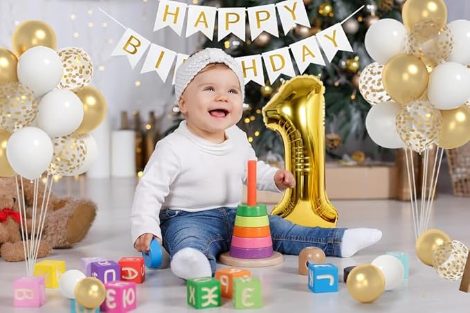 1st Birthday Decorations,40inch Gold Number 1 Balloon And Happy Birthday Banner With 12inch Metallic Gold White Confetti Balloons For One Year Old Boys Birthday Decorations