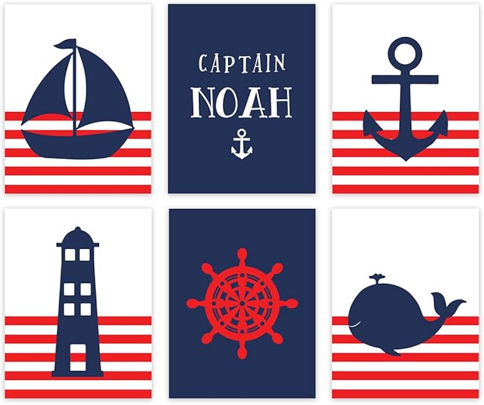 Andaz Press Personalized Ocean Nautical Sailor Theme Nursery Kids Bedroom Hanging Wall Art Decor, 8.5x11-inch, Red Stripes, Boat, Anchor, Lighthouse, 6-Pack, Custom Unframed Room Poster