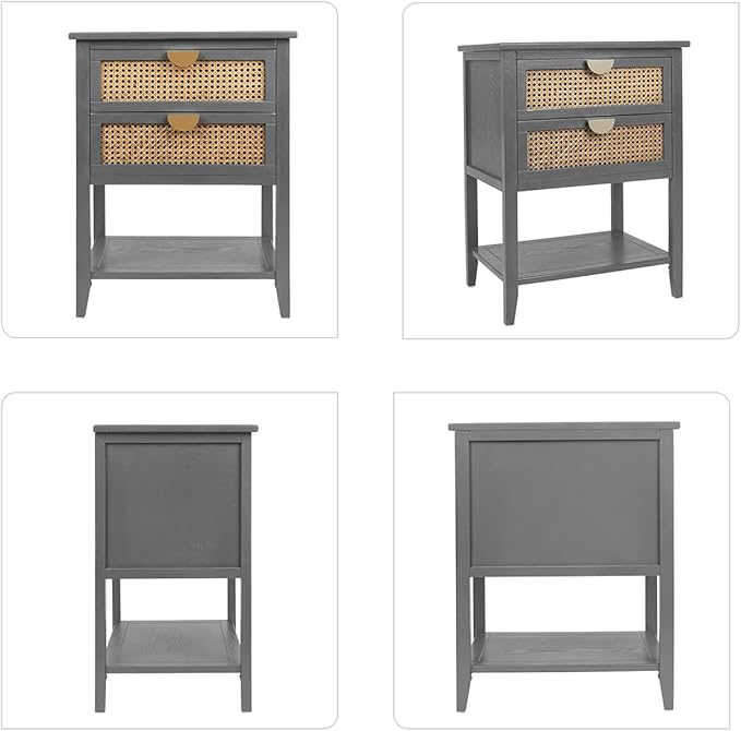Nightstands with 2 Drawers, Rattan Night Stand Bedside Table End Table Standing Storage Cabinet Organizer Dresser Drawer and Shelf for Entryway, Living Room, Bedroom, Nursery(Grey)