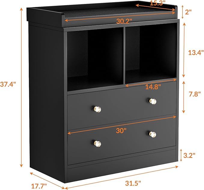 Modern 2-Drawer Nursery Changing Table with Media Shelves, Black Baby Dresser with Crystal Knobs, Multi-Purpose Diaper Station Storage Organizer for Infant Room, Anti-Tip Safety Design