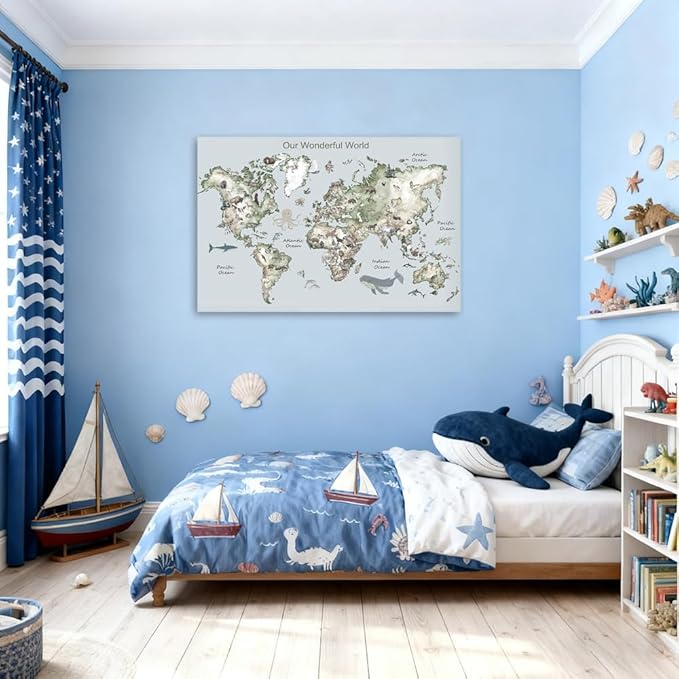Educational Posters for Toddlers 1-3, Toddler Learning Poster for Kids Ages 3-5, World Map Canvas Print Nursery Preschool Homeschool Kindergarten Classroom Decor 12x18 Inch Framed B