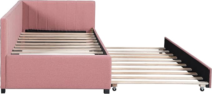 Harper & Bright Designs Upholstered Daybed with Trundle Twin Size Sofa Bed Frame No Box Spring Needed, Linen Fabric(Pink)