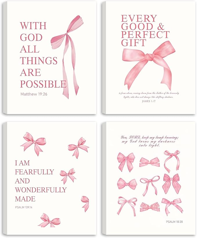 Coquette Pink Bow Y2K Bible Verse Wall Art Set of 4, Christian Scripture Inspirational Canvas Prints, Cute Girly Preppy Aesthetic Religious Wall Decor for Bedroom Nursery Living Room Home 8x10In Framed