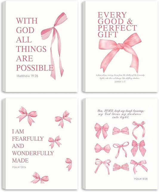 Coquette Pink Bow Y2K Bible Verse Wall Art Set of 4, Christian Scripture Inspirational Canvas Prints, Cute Girly Preppy Aesthetic Religious Wall Decor for Bedroom Nursery Living Room Home 8x10In Framed
