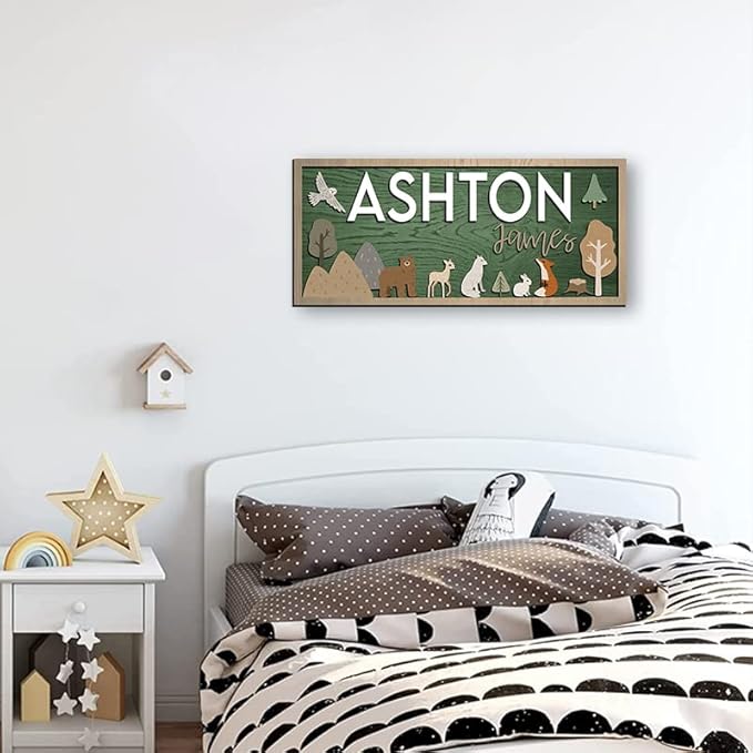 Woodland Animal Nursery Decor, Custom Name Sign for Baby Room, Personalized Kids Wall Art, Rustic Forest Theme Nursery Gift for Boys or Girls