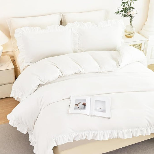 White Ruffle Bedding Cover Set for Girls Full Size Duvet Cover Set 3 Pieces Ruffled Bed Cover for Kids Teens Soft Microfiber Comforter Cover Sets with 2 Pillowcases(White, Full)