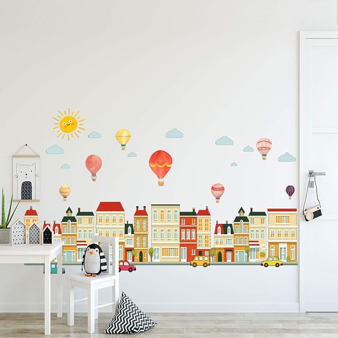 Cartoon City Wall Decals, Whimsical Hot Air Balloons, Houses, Animals, Rainbow, Sun, Clouds Design, Removable Vinyl Stickers for Kids Room, Nursery, Bedroom, Playroom Decor (Colorful-02)