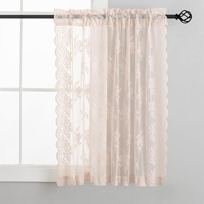 Blush Pink Lace Curtains 45 Inch Length, 2 Panels, W42 x L45 Inch Each, Country Rustic Floral Coquette Sheer Lace Curtains for Kitchen Window Rod Pocket Light Filtering Privacy Short Lacy Tier Curtain