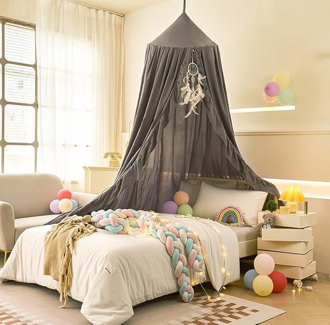 Mengersi Bed Canopy for Girls,Ruffled Canopy Bed Curtains Canopy for Girls Room,Hanging Canopy Princess Play Tent for Reading Nook Play Room Decor (Gray)