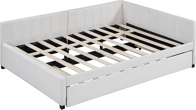 Harper & Bright Designs Full Size Upholstered Daybed with Trundle Sofa Bed Frame for Boys Girls Kids Adults Toddler No Box Spring Needed, Linen Fabric(Beige)