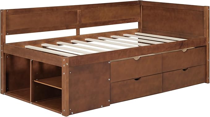 Twin Size Daybed with 4 Storage Drawers and Shelves, Wooden Twin Platform Bed Frame with L-Shaped Headboard and Slats Support, Corner Bed Twin Captain Beds for Kids Boys Girls Teens, Walnut