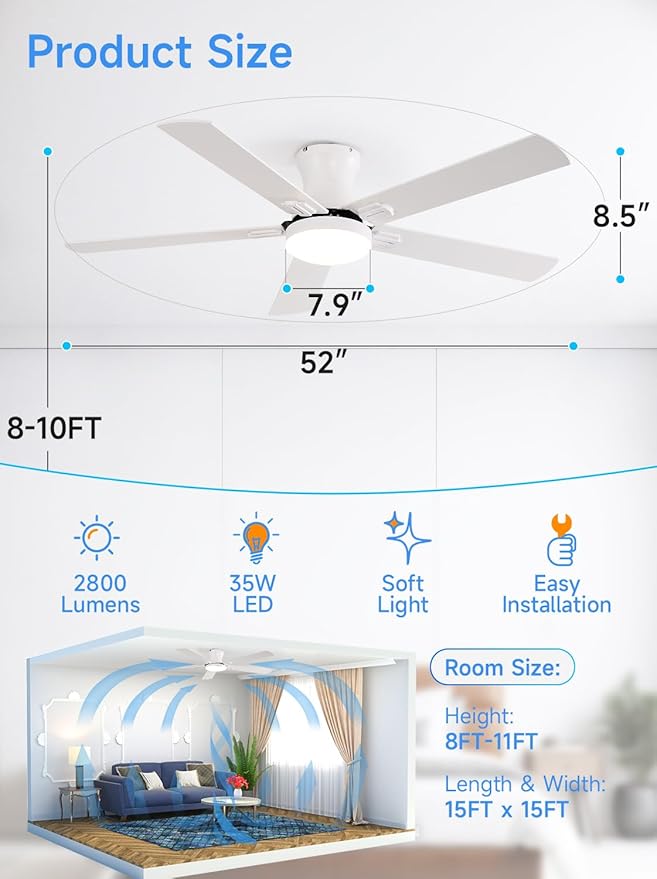 52 Inch Ceiling Fans with Lights, RGB Ceiling Fan with Remote and App,Flush Mount Low Profile, Dimmable 35W LED, Reversible, Smart Ceiling Fan for Bedroom Nursery Living Room Apartment,White