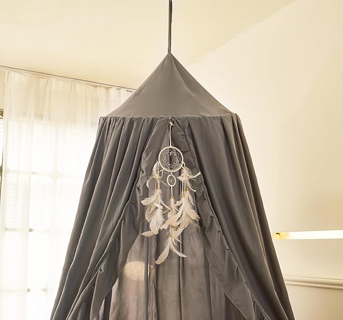 Mengersi Bed Canopy for Girls,Ruffled Canopy Bed Curtains Canopy for Girls Room,Hanging Canopy Princess Play Tent for Reading Nook Play Room Decor (Gray)
