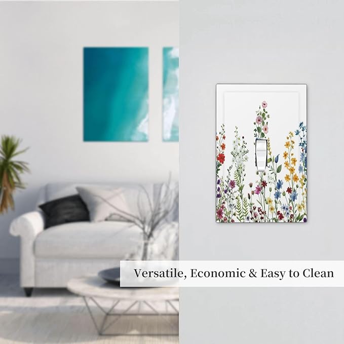 Light Switch Cover Plate Colorful Wildflowers Plants Flowers on White Background 1 Gang Switch Plate Covers Single Toggle Wall Plates Decorative Electrical Faceplate for Bathroom Home Decor