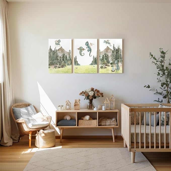 Green Baby Dragon Nursery Wall Decor, Dragon Egg Nursery Print for Baby Boy's Bedroom, Woodland Forest Mountain Wall Art, Nature Animal Art for Kids Room Decor, Framed Set of 3 Canvas, 16"x24"x3