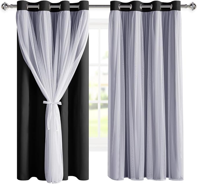 DWCN Black Layered Curtains for Living Room Blackout and Sheer Curtains Grommet Top Window Treatment with Sheer Overlay for Bedroom, 52 W by 63 L, 2 Pieces
