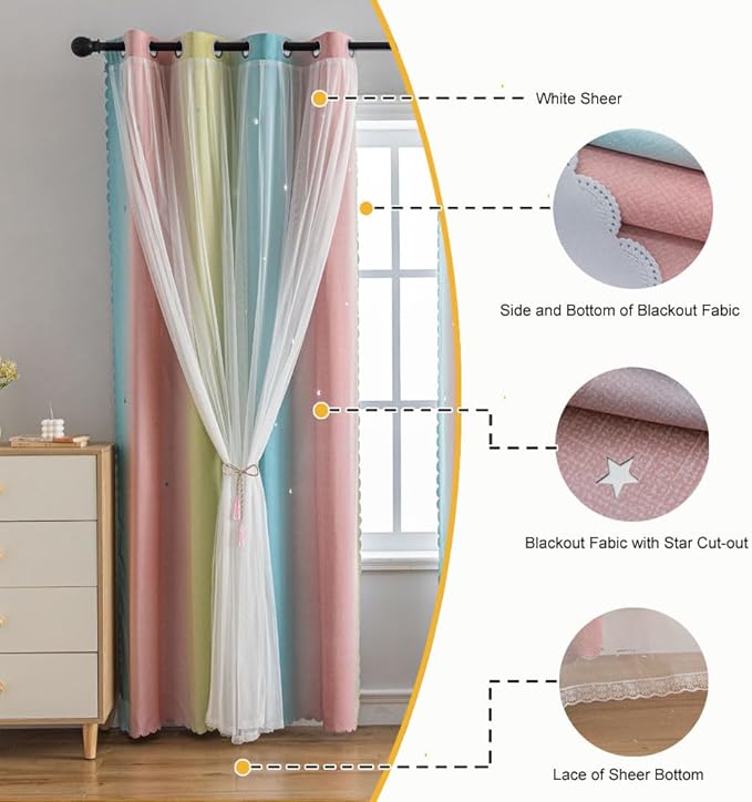Star Girl and Kids Curtains for Bedroom Rainbow Ombre Double Layer Cute Shot Nursery Darkening Grommet Princess Room Décor 2 Panels Living Room Window Curtain （Blue Pink 52W x 84L）