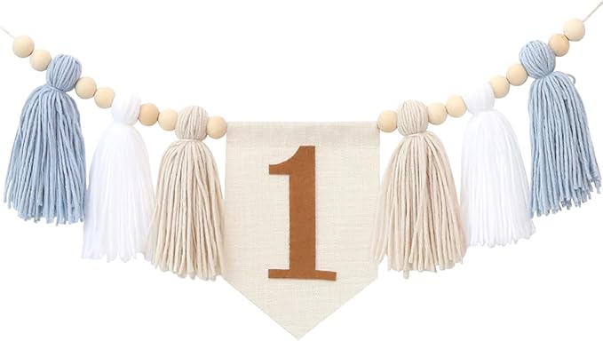 Boho Blue Handmade 1st Birthday High Chair Banner First Highchair Banner For Baby Boys Wild One Wall Hangings Wood Bead Tassel Garland 1 Birthday Party Decorations Photoshoot Props Photo Props