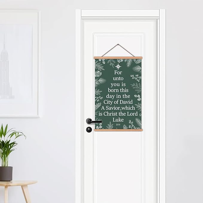 KAIRNE Christmas Wall Art,Christian Poster With Wooden Hanger(13.8”X22”),Green Snow Tree Picture,Xmas Bible Wall Decor,Christmas Gift for Friends Family Living Room Bedroom Farmhouse Decoration
