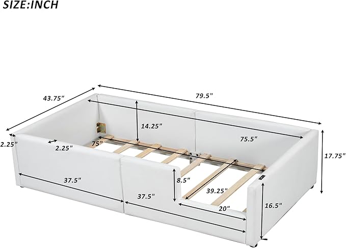 Twin Size Upholstered Platform Bed with Safety Guardrail, Montessori Kids Floor Bed, Child Grounded Bed with Charging Station and Sturdy Slats Support
