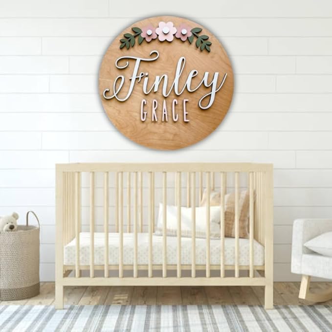 Personalized Wooden Name Sign - Custom Baby Name Signs for Nursery & Kids Room Decor - Baby Announcement Sign - Name Wall Art - Wooden Letters for Wall - Custom Round Nursery Name Sign (Design 8)