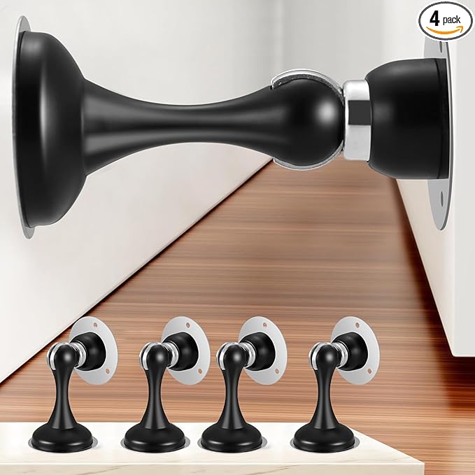 4 Pack Magnetic Door Stop No Drilling Door Stop with 3D Adhesive Tapes Keep Door Open Door Stainless Steel Screws for Stronger Mount (Black)