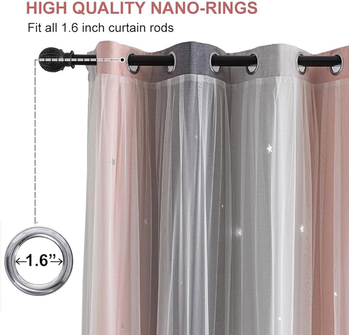 Star Girl and Kids Curtains for Bedroom Rainbow Ombre Double Layer Cute Shot Nursery Darkening Grommet Princess Room Décor 2 Panels Living Room Window Curtain (Pink Grey 52W x 63L
