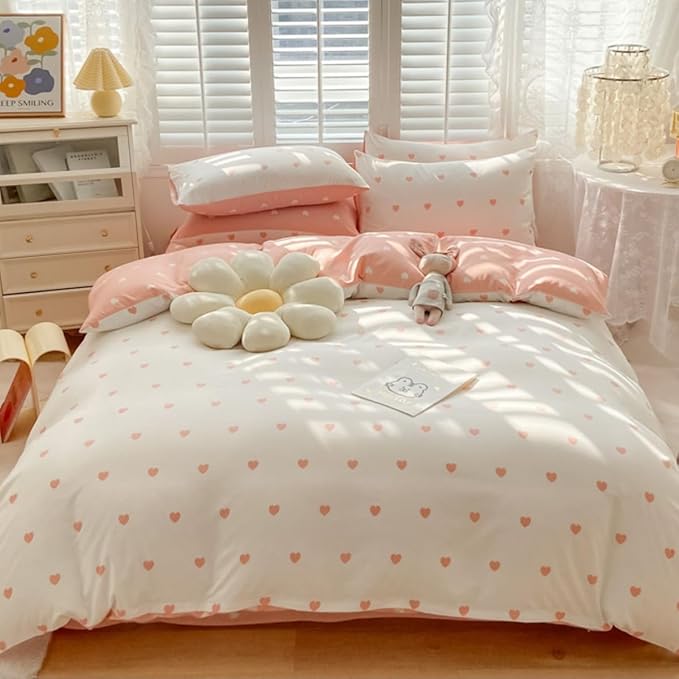 Blush Pink Duvet Cover Set King Heart Bedding Set Cute Love Heart Bedding 3Pcs Girls Reversible White Pink Duvet Cover with Zip and 2 Pillowcases（No Comforter）