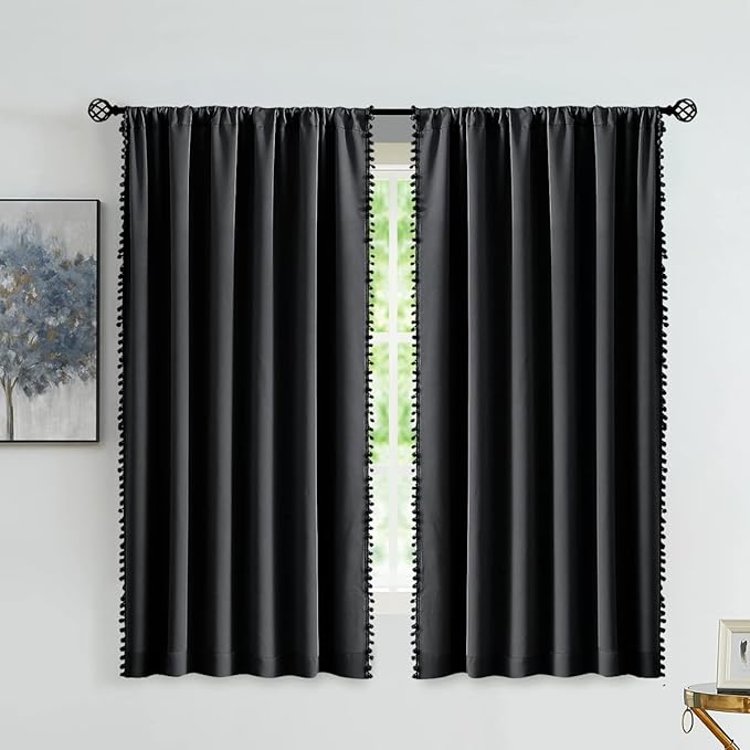 Treatmentex Pom Pom Black Blackout Curtains for Bedroom 63 inch Long Thermal Insulated 100 Full Blackout Window Panels for Living Room Drapes Nursery Kids Guest Room 52" w x2 Panels Rod Pocket