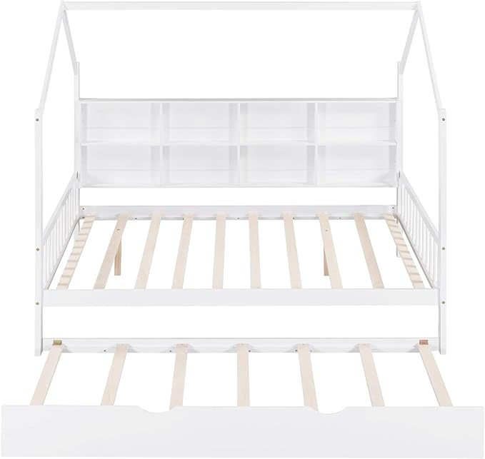 Harper & Bright Designs Full House Bed with Trundle, Wood Kid Daybed Frame with Storage Shelves for Kids, Teens, Solid Wood Structure & House-Shaped, White