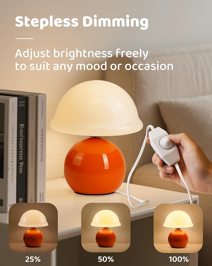 Mushroom Lamp for Bedroom, Cute Small Bedside Table Lamp with Glass Lampshade, Dimmable Nightstand Lamp Mid Century Modern Lamp for Home Living Room Decor (Orange)