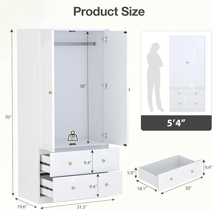 71" White Wardrobe Closet with 2 Door & 2 Drawers, Tall Armoire with Hanging Rod, Freestanding Large Capacity Clothing Wardrobe Cabinet w/Gold Handles for Bedroom