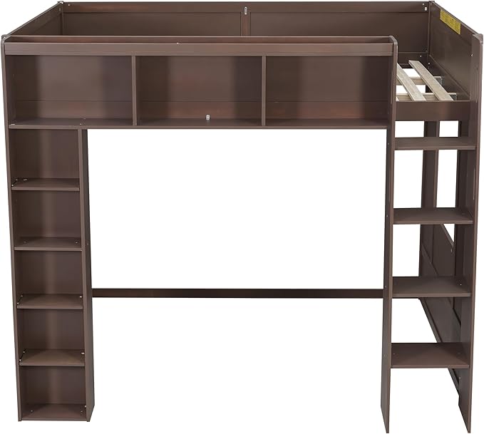 Playhouse Design Queen Size Loft Bed with Built-in Storage Shelves and 2 Windows, Solid Wood Loft Bed Frame with Safety Guardrail for Kids Teens Boys Girls, Space-Saving (Brown-12.9)