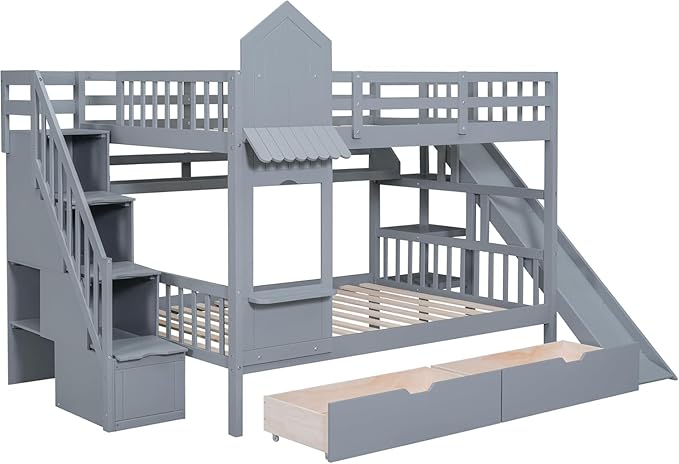 MERITLINE Full Over Full Castle Bunk Bed with Slide,Stairs and Drawers,Solid Wood Floor House Princess Bunk Bed with Storage Shelves (Grey,Full Over Full)