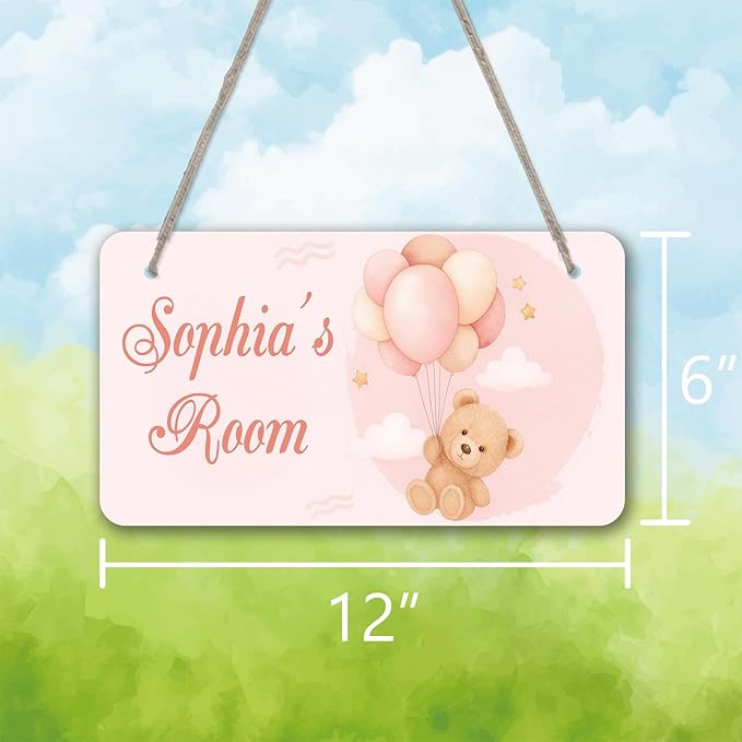 Pink Bear Design Personalized Room Door Sign Custom Name Signs Kids Girls Bedroom Decor Nursery Dorm Farmhouse Baby Room Wood Hanger Toddler Art Wall Plaque 12x6 Inches
