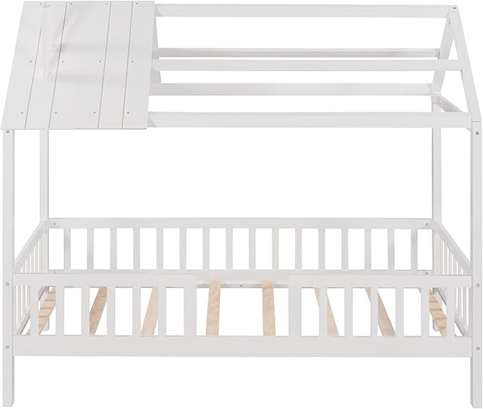 Bellemave Twin House BedFrame with Roof, Montessori Floor Bed, House Bed with Rails for Kids, White