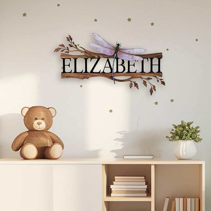 Personalized Nursery Sign, Animals Wooden Sign with Name, Hello World Newborn Sign, Dragonfly Sign for Kid Room Decor, Baby Gifts for Girl, Custom Baby Name Sign, Baby Girls Wall Art Bedroom