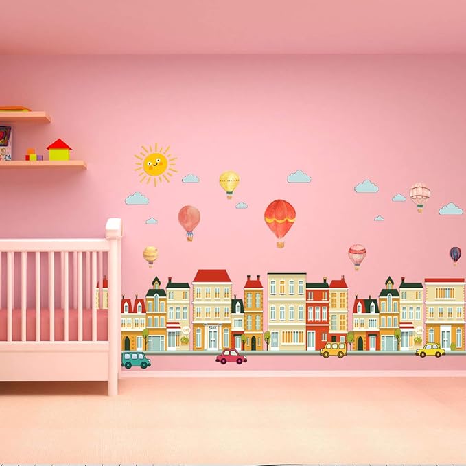 Cartoon City Wall Decals, Whimsical Hot Air Balloons, Houses, Animals, Rainbow, Sun, Clouds Design, Removable Vinyl Stickers for Kids Room, Nursery, Bedroom, Playroom Decor (Colorful-02)