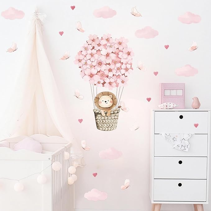 Cute Lion Cub Hot Air Balloon Wall Stickers, sacinora Pink Butterfly Cloud Love Heart DIY Wall Decals Removable Vinyl Peel and Stick for Kids Baby Girl Nursery Bedroom Toddler Room Art Decorations