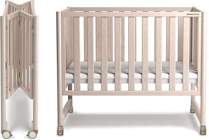 MAMAZING EvoNook 6-in-1 Convertible Mini Crib, 100% New Zealand Wood, 4 Adjustable Mattress Heights, Crib with Mattress,GREENGUARD Gold Certified, Washed Natural