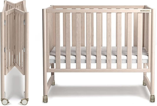 MAMAZING EvoNook 6-in-1 Convertible Mini Crib, 100% New Zealand Wood, 4 Adjustable Mattress Heights, Crib with Mattress,GREENGUARD Gold Certified, Washed Natural