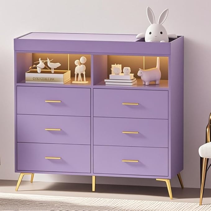 Dresser for Bedroom with LED Lights and Power Outlet, Baby Changing Table Dresser with 6 Drawers, 2 Open Storage Shelves, Baby Diaper Station with Changing Table Top (Purple)