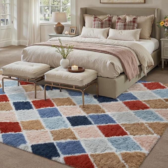 5x8 Checkered Rug for Bedroom Rainbow Modern Soft Area Rug Fluffy Non-Slip Carpet for Living Room Playroom Home Aesthetic Decor