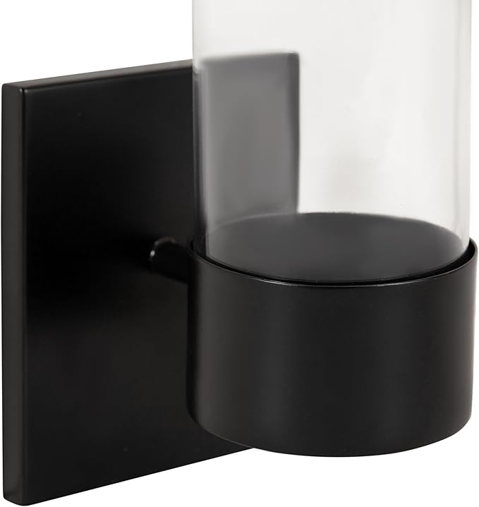 Kate and Laurel Zabler Modern Metal Wall Sconce, 5 x 6 x 10, Black, Round Candle Holder with Removable Glass Cylinder for Flameless Candle Display in Bedroom or Bathroom