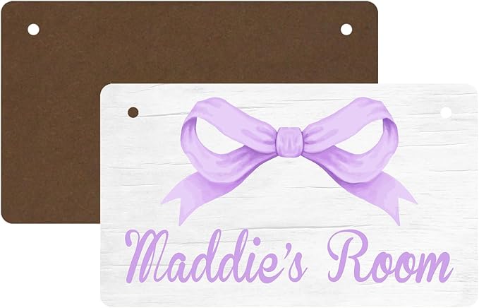 Personalized Purple Bow Kids Room Door Sign Custom Name Girls Boys Bedroom Decor Toddler Baby Nursery Wood Art Wall Plaque 12x6 Inches