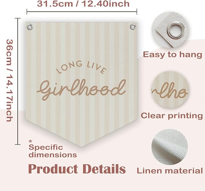 Lacama Long Live Girlhood Banner, Girls Room Decor, Girls Nursery Decor, Hanging Flag Retro Pink Banner for Nursery Playroom Wall Decor for Kids Bedroom Dorm Toddler Decorations
